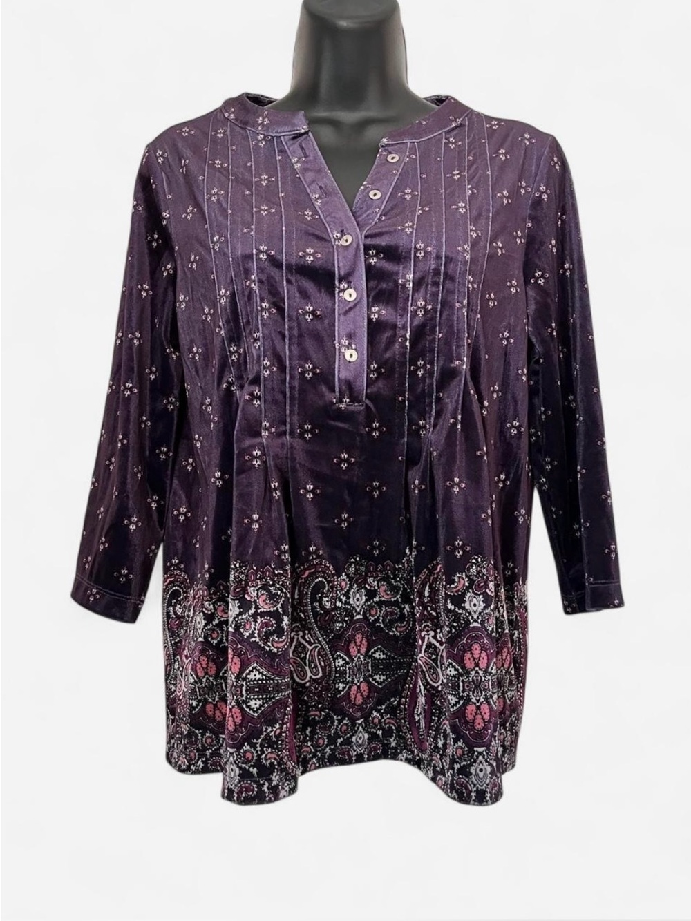 croft & barrow Purple Paisley-Trim Button Placket Tunic